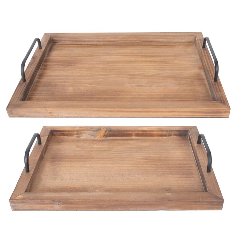 Besti Rustic Vintage Food Serving Trays (Set of 2) | Nesting Wooden Board with Metal Handles | Stylish Farmhouse Decor Serving Platters | Large: 15 x2 x11 - Small: 13 x2 x9 inches (Rustic Burnt) - Image 1